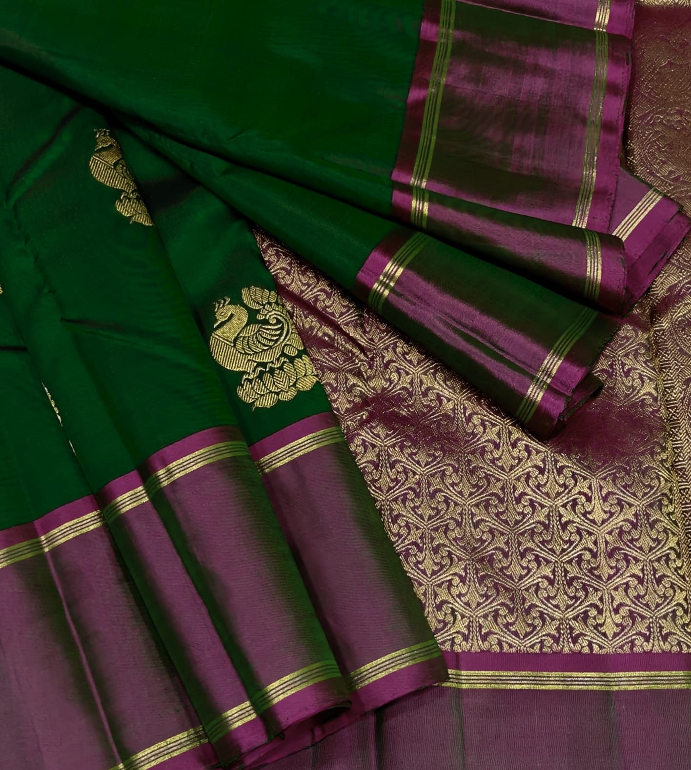 Emerald Green Traditional Silk Saree with Rich Magenta Zari Border Design